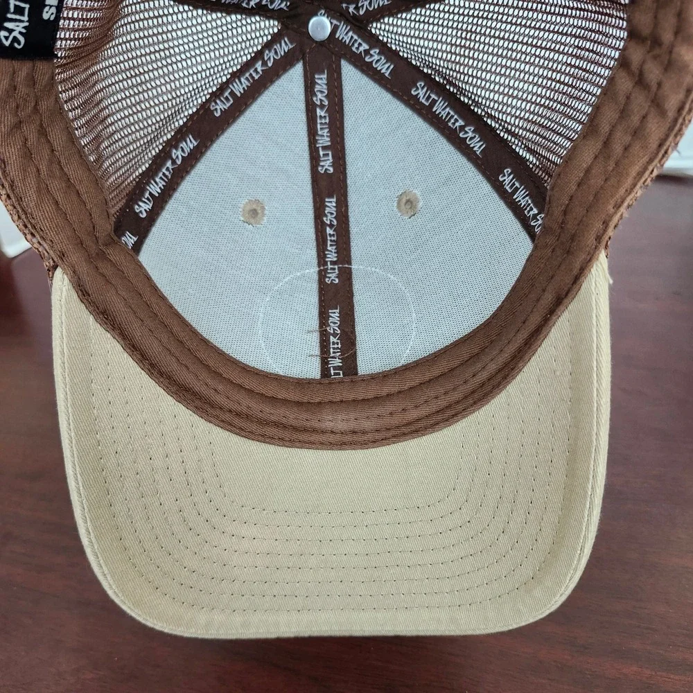 Salt Water Soul Trucker Hat Tan Brown Marlin Fish Mesh Back Snapback Cap Mens OS